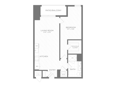 Floor plan for 1 bed, 1 bath, 677 sqft